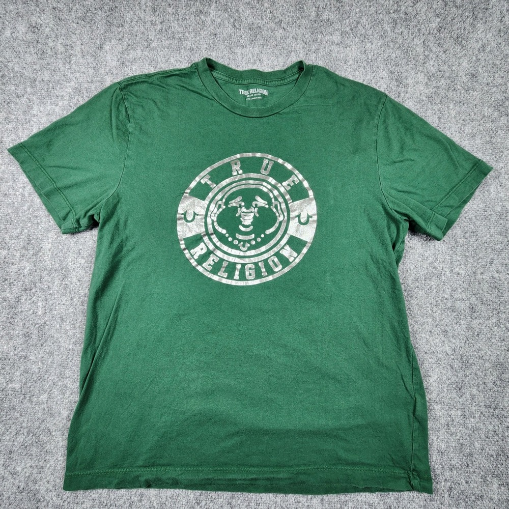 True Religion Mens Green Silver Buddha Logo Graphic‎ T-Shirt Cotton Large